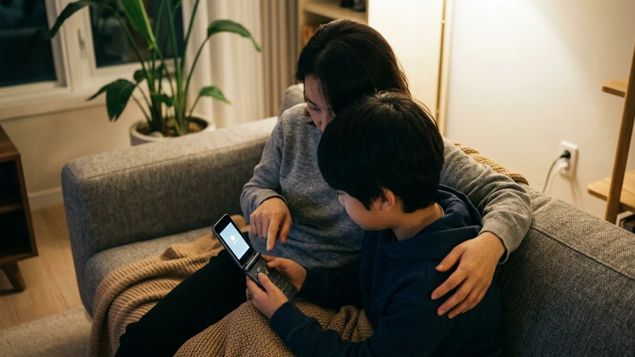 저녁 거실 소파에서 학부모와 자녀가 함께 스마트 폴더폰의 안심 위치 알림과 사용 시간 설정을 확인하는 모습