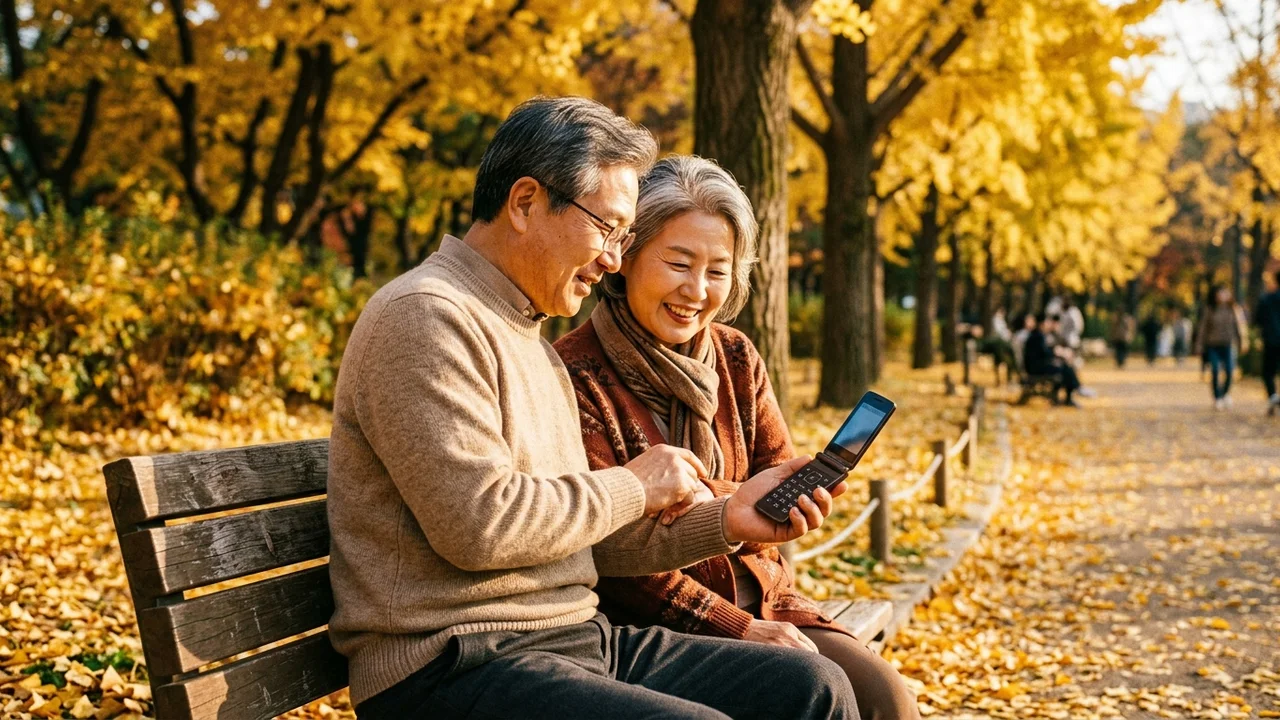 화창한 도심 공원 벤치에서 60대 시니어 부부가 큰글씨 모드가 적용된 폴더폰 화면을 함께 보며 대화하는 모습
