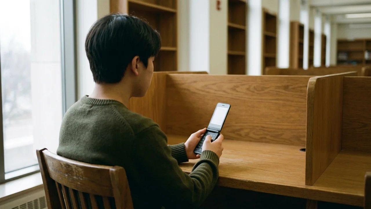 스터디카페 창가 자리에서 물리 키패드가 탑재된 하이브리드 폴더폰의 타이머와 데이터 설정을 점검하는 수험생