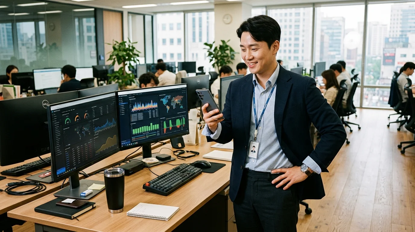 IT 총괄 관리자 지원 및 원활한 법인폰 운용 듀얼 모니터 워크스테이션 앞에서 최신 스마트폰을 들고 전산 처리 결과를 확인하는 IT 총괄 관리자
