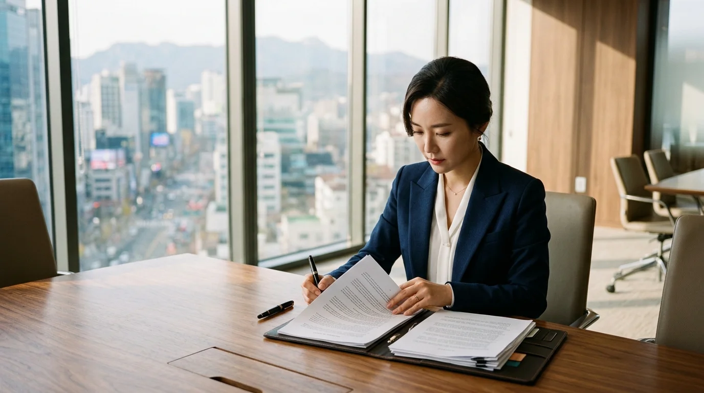 법인인감증명서와 위임장 날인 상태 정밀 검토 모던한 회의실에서 법인 서류 바인더와 계약 위임장의 인감 날인 상태를 꼼꼼하게 검토하는 한국인 비즈니스 전문가