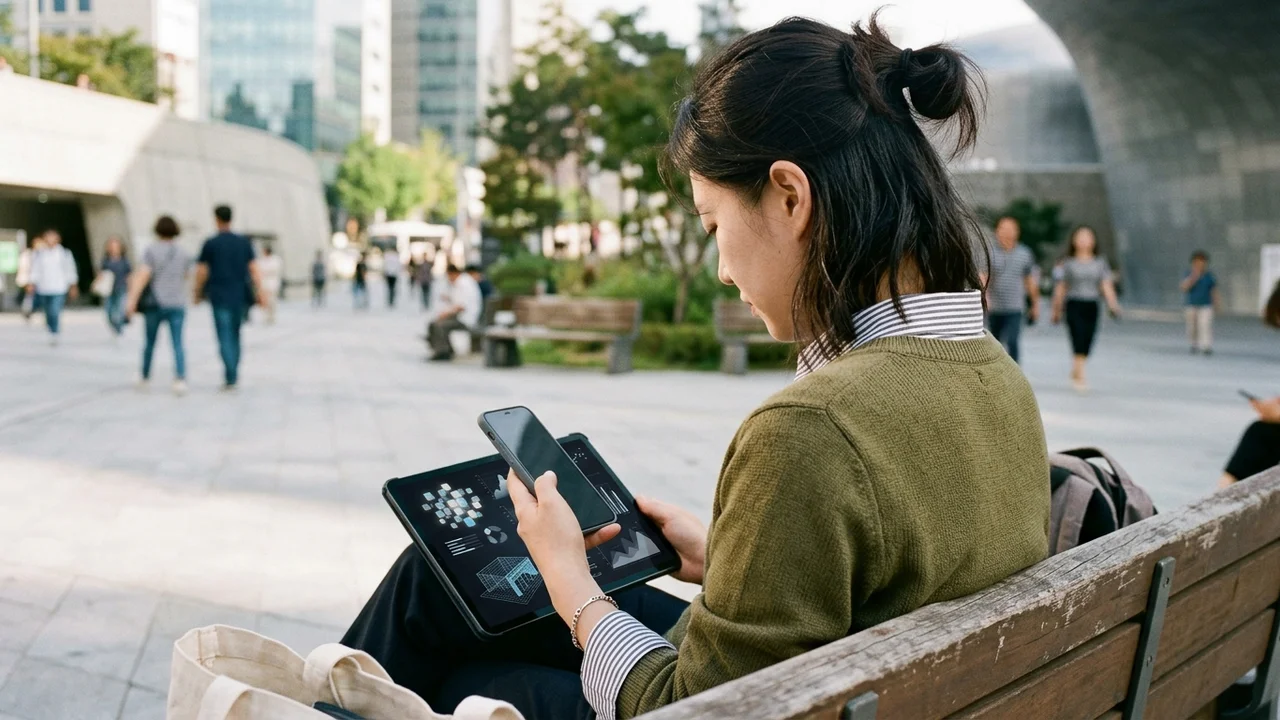 화창한 오전 서울 도심 야외 광장 벤치에서 20대 여성 연구원이 갤럭시 스마트폰과 태블릿으로 제미나이 4 아르곤의 다중 데이터 분석 화면을 조작하는 모습
