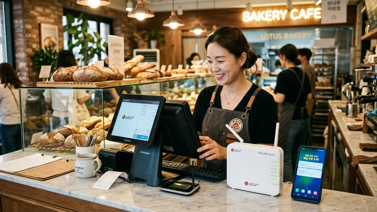 베이커리 매장 카운터와 U+ OfficeNet Wi-Fi 및 법인폰 결합 실사