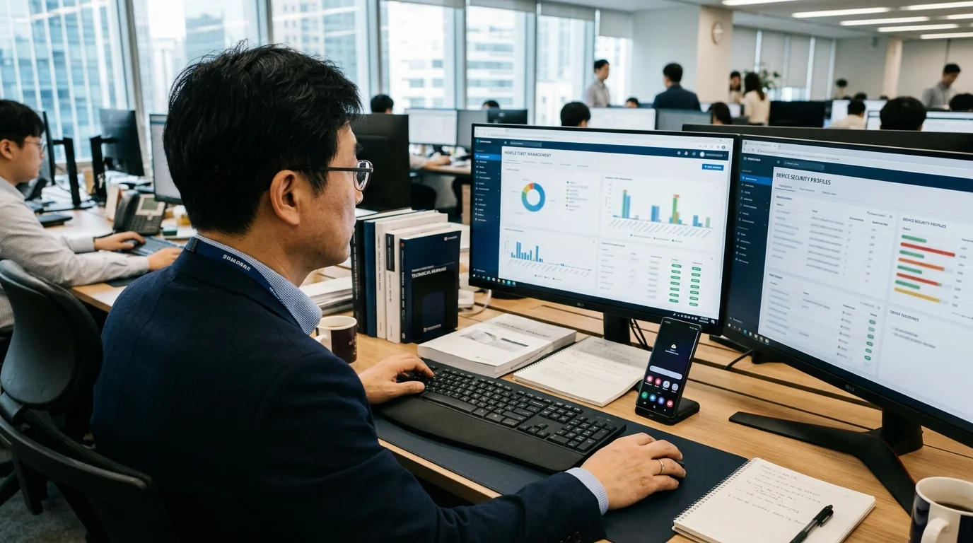 Knox Manage 클라우드 콘솔을 통한 동적 정책(Dynamic Rules) 관리 서울 강남 본사 사무실에서 듀얼 모니터로 기기 보안 프로필과 단말기 정책을 점검하는 한국인 IT 보안 총괄 관리자