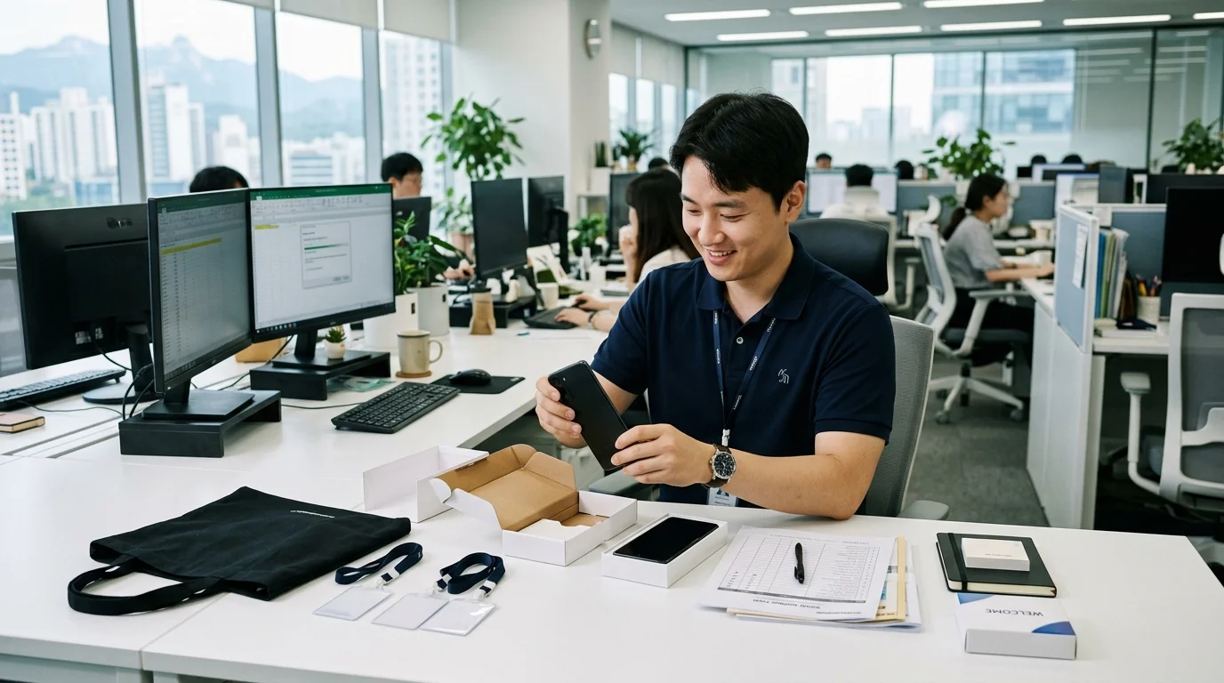 Knox Mobile Enrollment(KME)를 통한 제로터치 대량 단말기 배포 사내 IT 부서에서 신규 입사자용 삼성 갤럭시 업무폰 패키지를 언박싱하며 KME 자동 배포를 준비하는 한국인 IT 실무자
