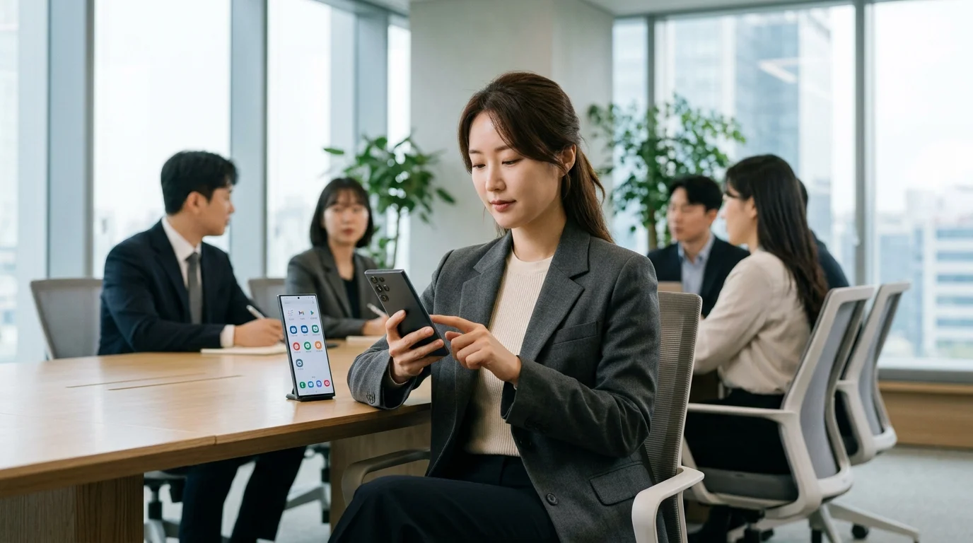 Knox Configure 및 Knox Manage로 세팅된 업무폰 화면 회의실에서 최신 삼성 갤럭시 스마트폰에 업무용 전용 앱 런처를 구동 중인 한국인 비즈니스 전문가