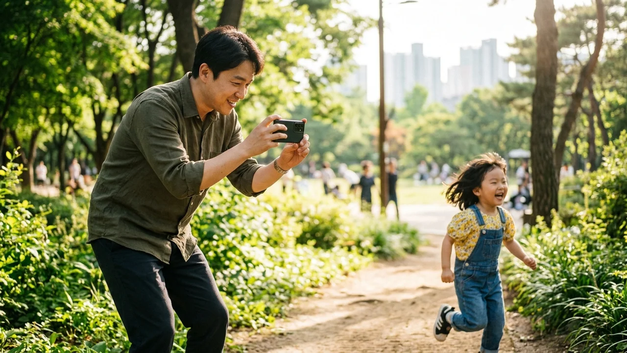 공원에서 뛰어노는 아이를 갤럭시 마이 팬캠 기능으로 흔들림 없이 촬영하는 가족 일상 실사