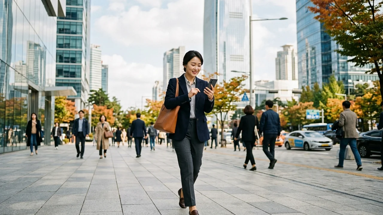 도심 출근길에서 나우 넛지 스마트 알림과 나우 브리프 요약을 확인하는 직장인 일상