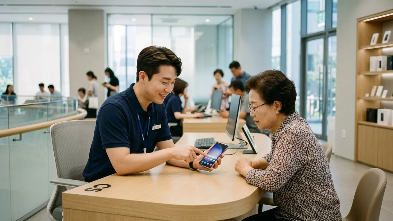 밝고 정갈한 삼성 서비스 상담 데스크에서 전문 매니저가 기기 자가 진단 화면을 안내하는 전문적인 장면