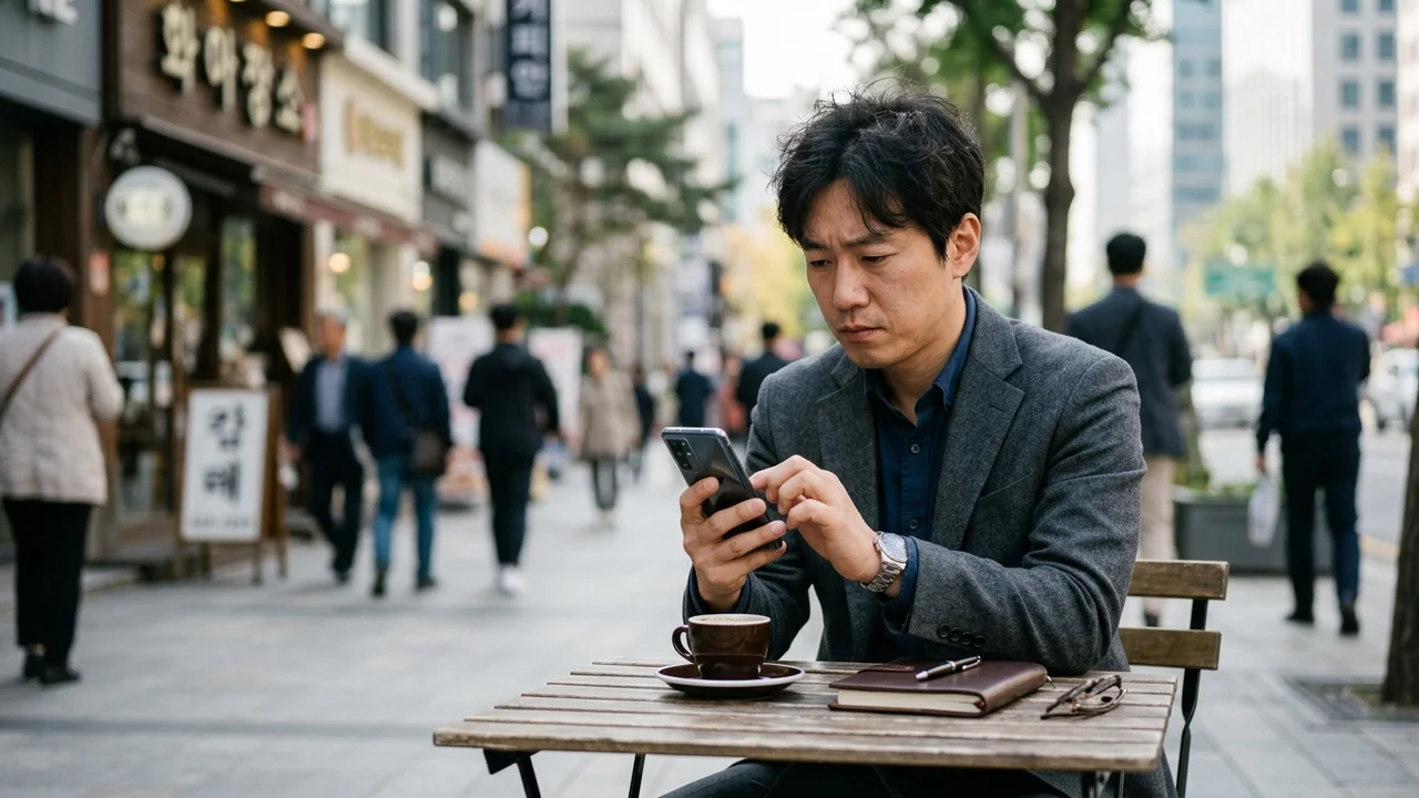 법인 스마트폰으로 업무 통화를 마치고 AI 통화 요약 화면을 확인하는 직장인의 모습