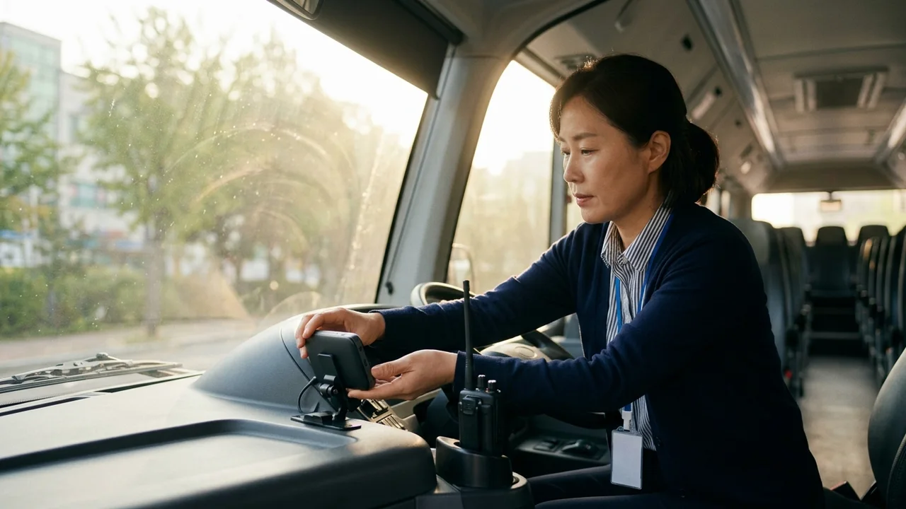 아침 햇살이 비치는 통근버스 운전석에서 운행 관리자가 대시보드 전원에 연결된 차량용 LTE 와이파이 라우터와 거치형 LTE 무전기를 함께 점검하는 모습