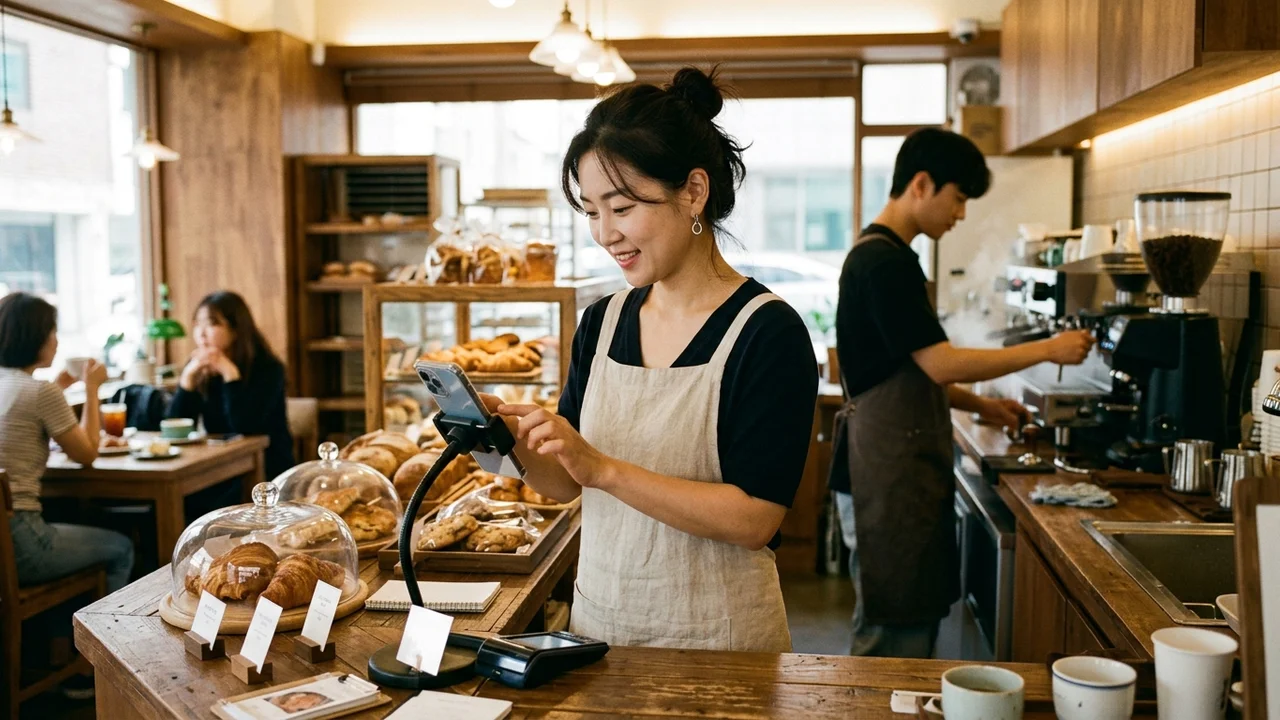 베이커리 카페 카운터에서 소상공인 점주가 주문 접수용 업무 스마트폰을 확인하는 활기찬 매장 실무 현장