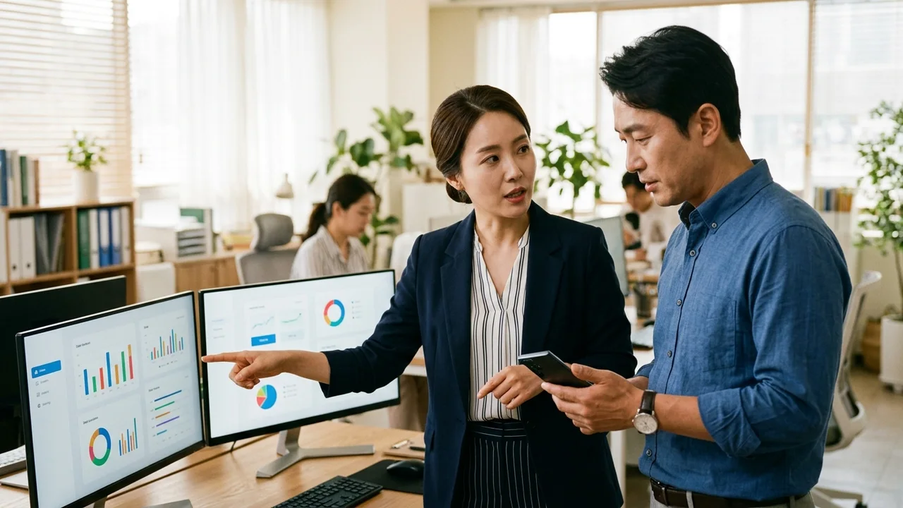 세무회계 사무실에서 세무사와 사업자 대표가 모니터와 갤럭시 스마트폰을 보며 통신비 전자세금계산서 매입세액 공제 내역을 점검하는 모습